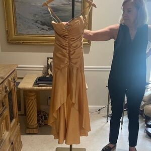 Jessica McClintock Gold Satin High-Low Evening Dress